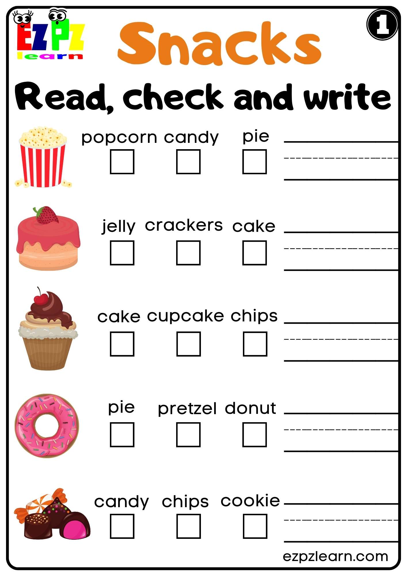Snacks Read Check and Write Worksheet For ESL and Kindergarten K5 Free PDF Download Set 1